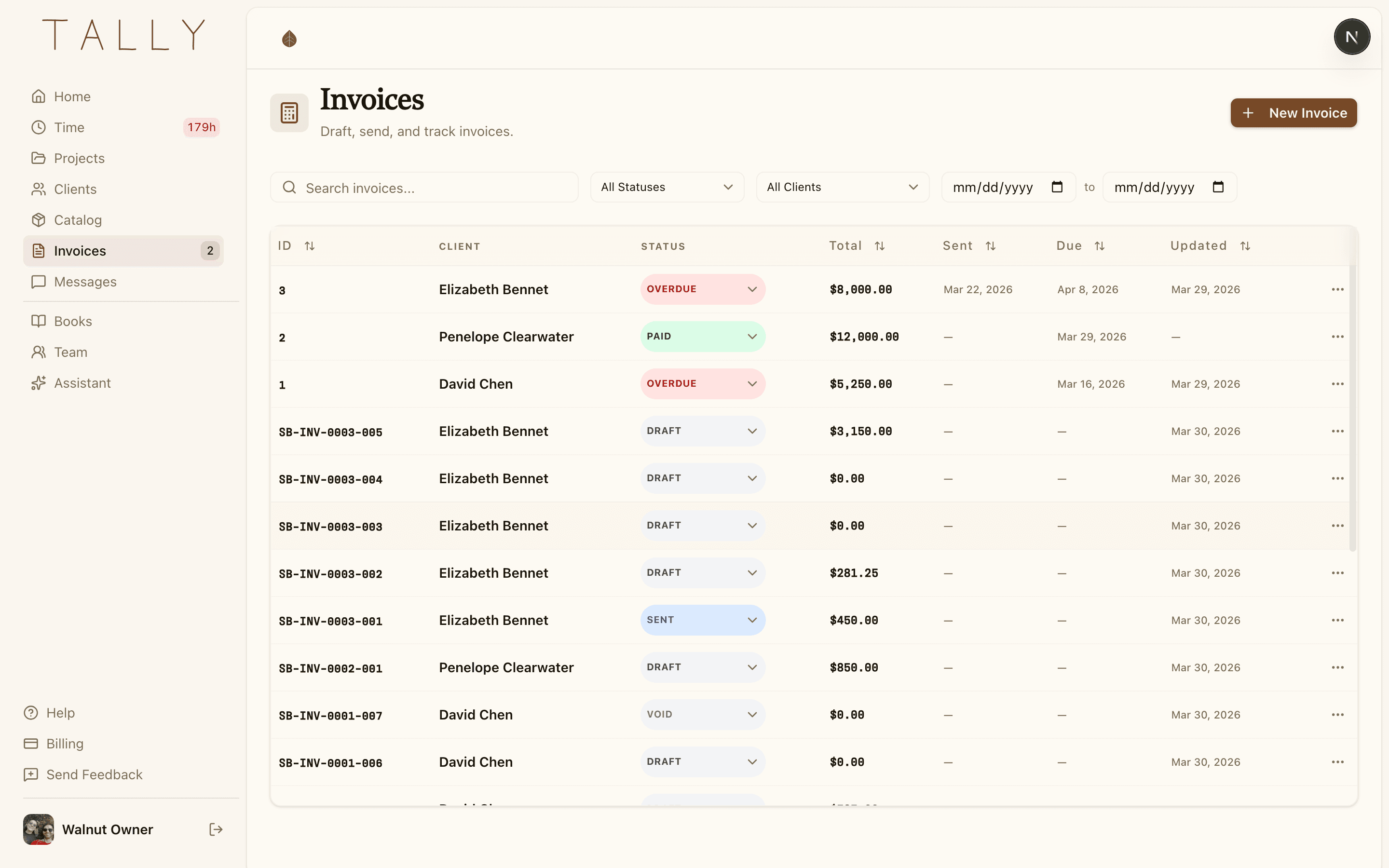 Tally Invoices list with mix of sent, paid, draft, and overdue